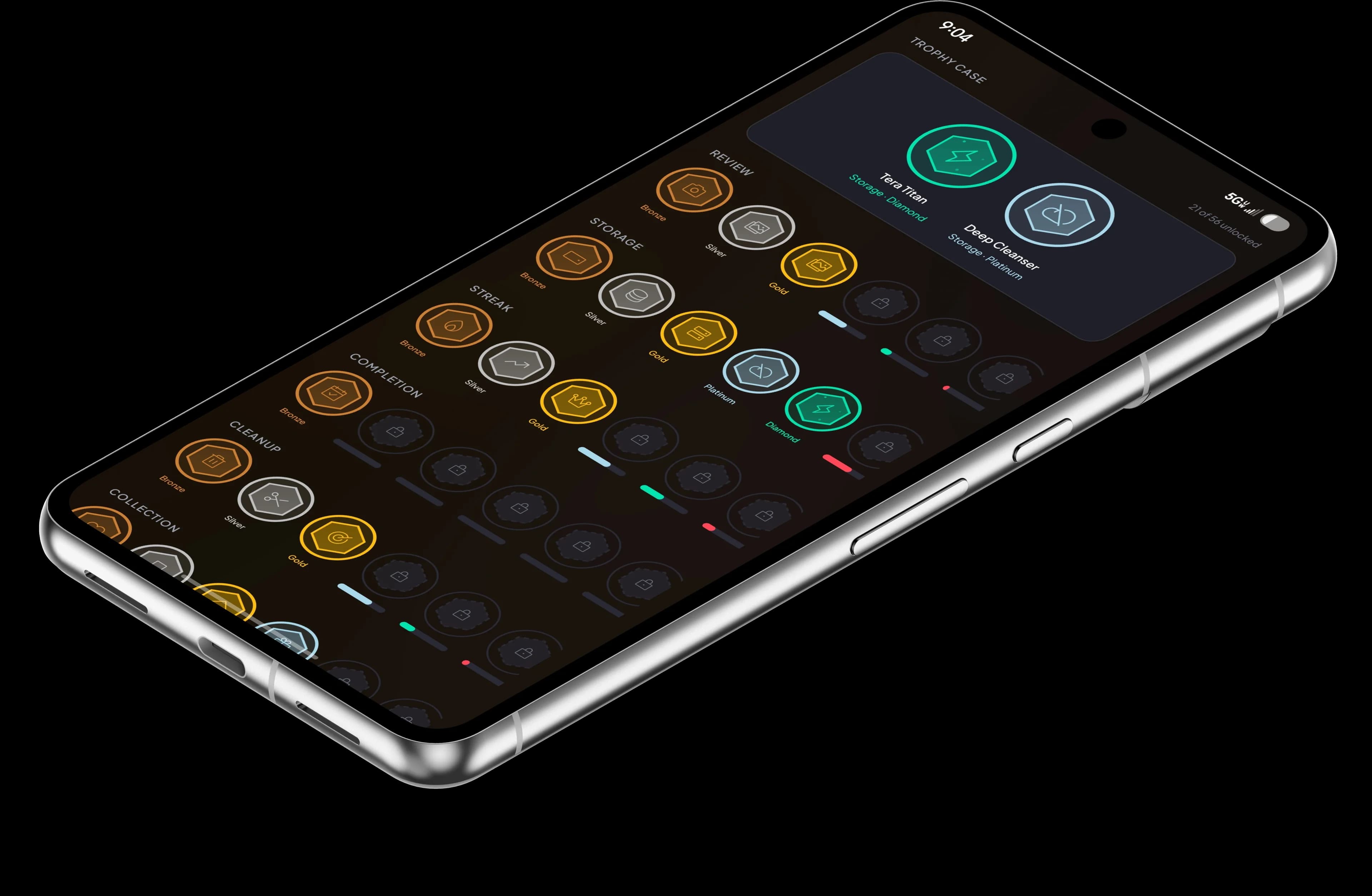 Trophy case with achievement badges